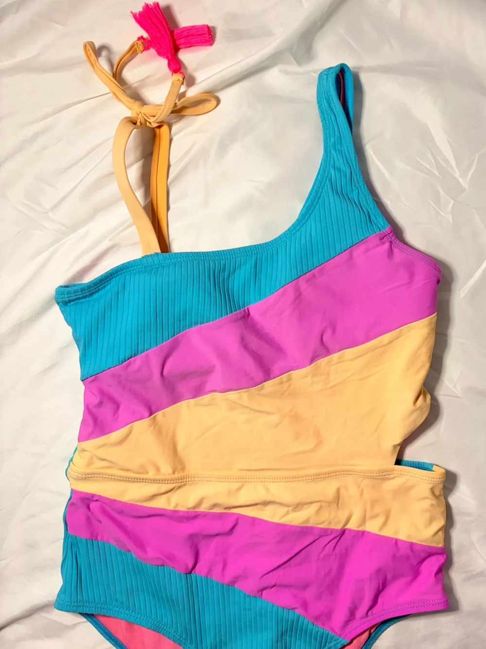 Girls' Colorblock One-Piece Swimsuit in Turquoise, Pink & Yellow